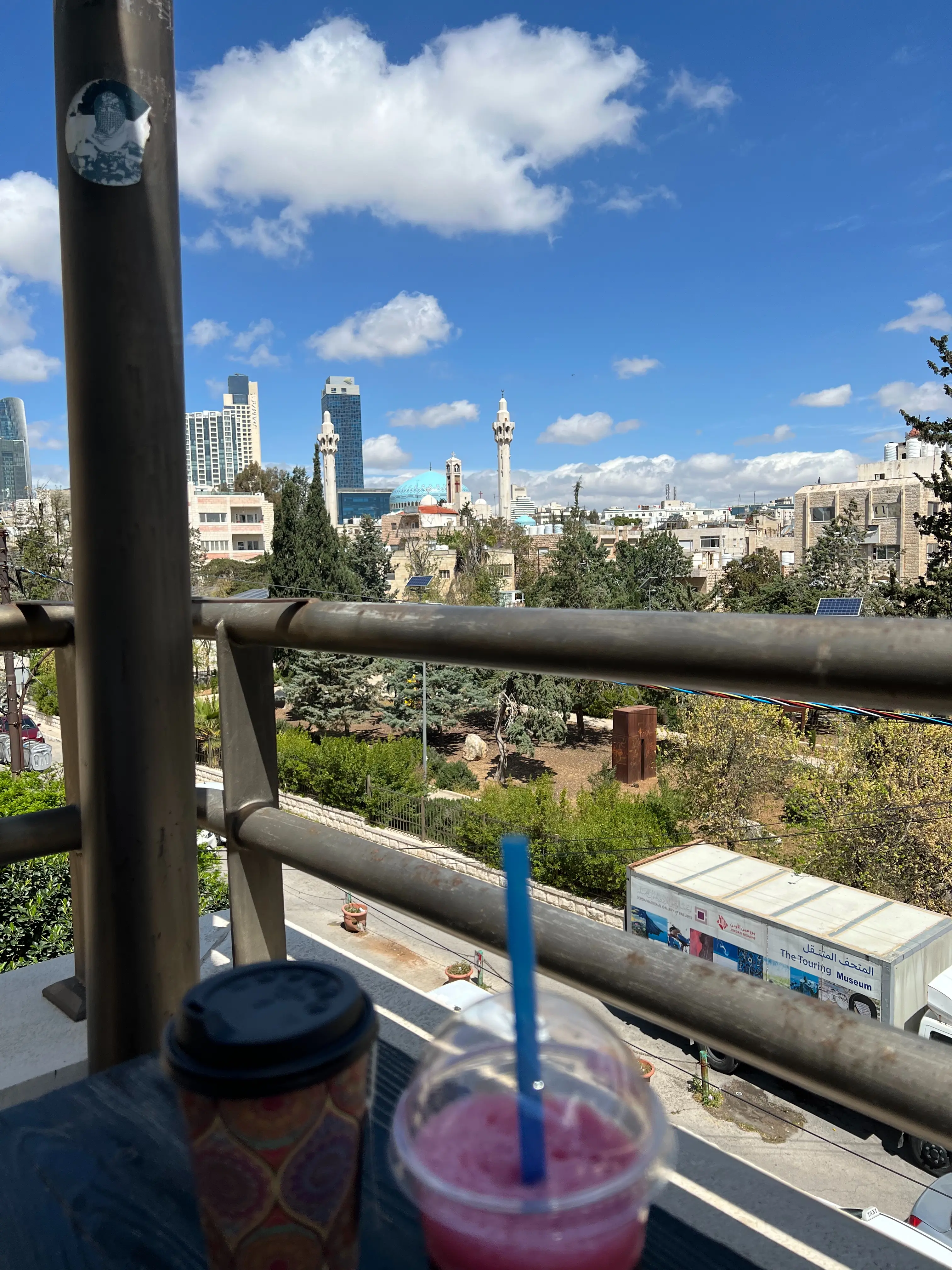 Coffee and hibiscus lemondade overlooking the Mosque